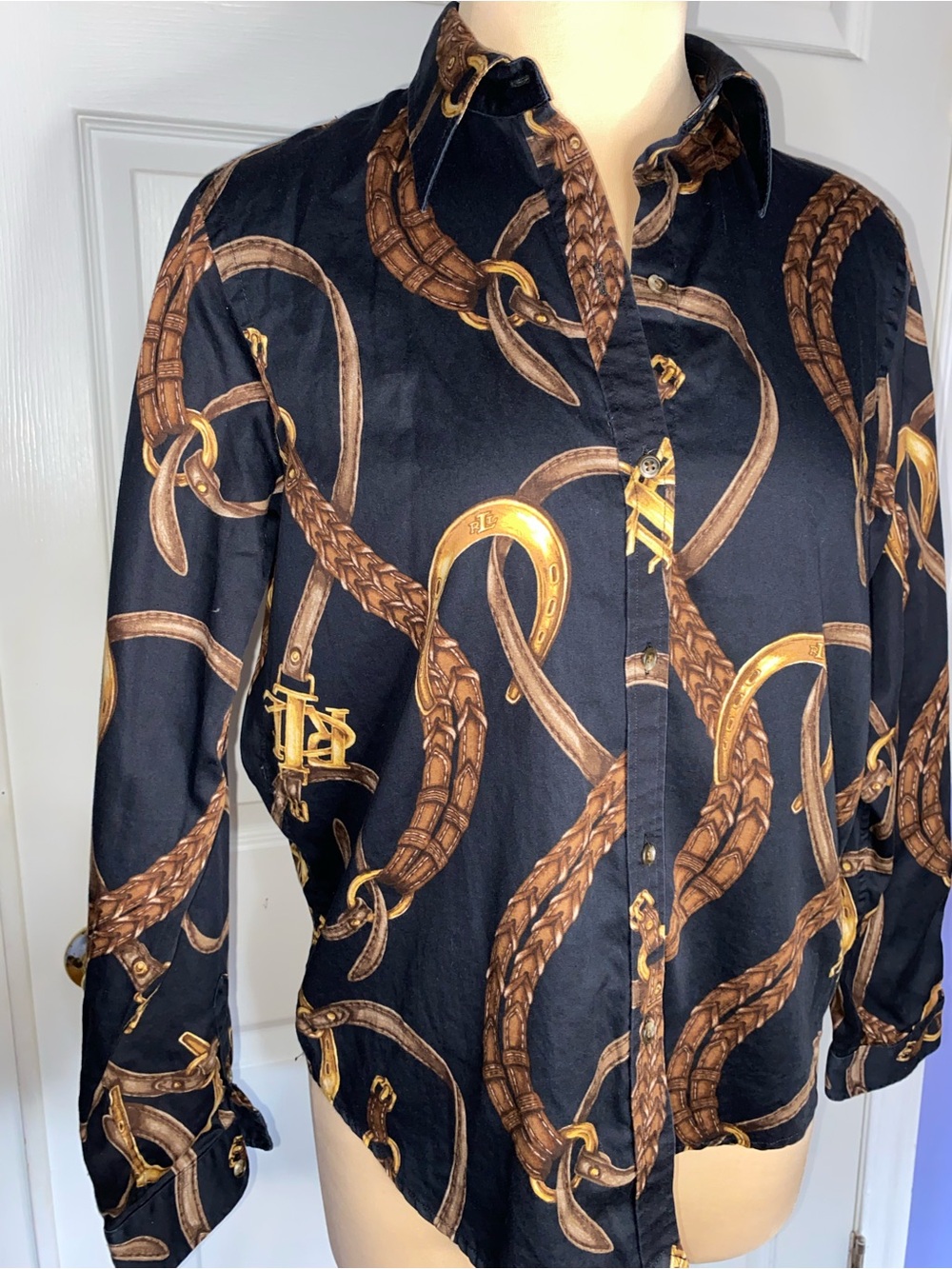 Lauren Ralph Lauren Black Button-Down Shirt w/ Gold Horse Shoe & Belt Print